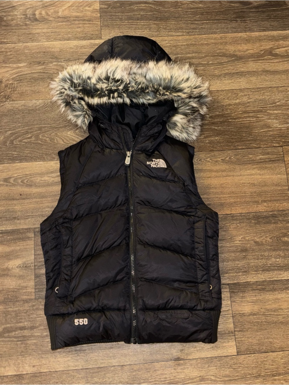 The North Face Black Hooded 550 Insulated Down Vest with Faux Fur Trim